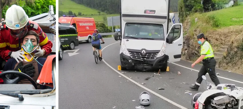 A severe truck & bike accident on a highway in which one of the drivers is in critical condition