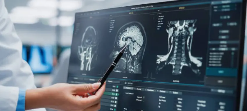 A doctor pointing at an image on a computer screen with a pen, analyzing medical data.