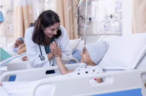 A doctor comforting a child in a hospital bed, providing medical care with empathy and compassion.
