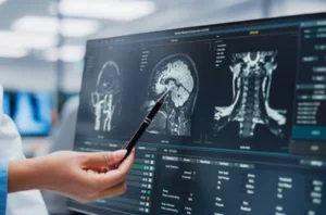 A doctor points at a neuro scan with a pen, and analyzing medical data