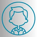 A blue line icon of a man on a blue background
